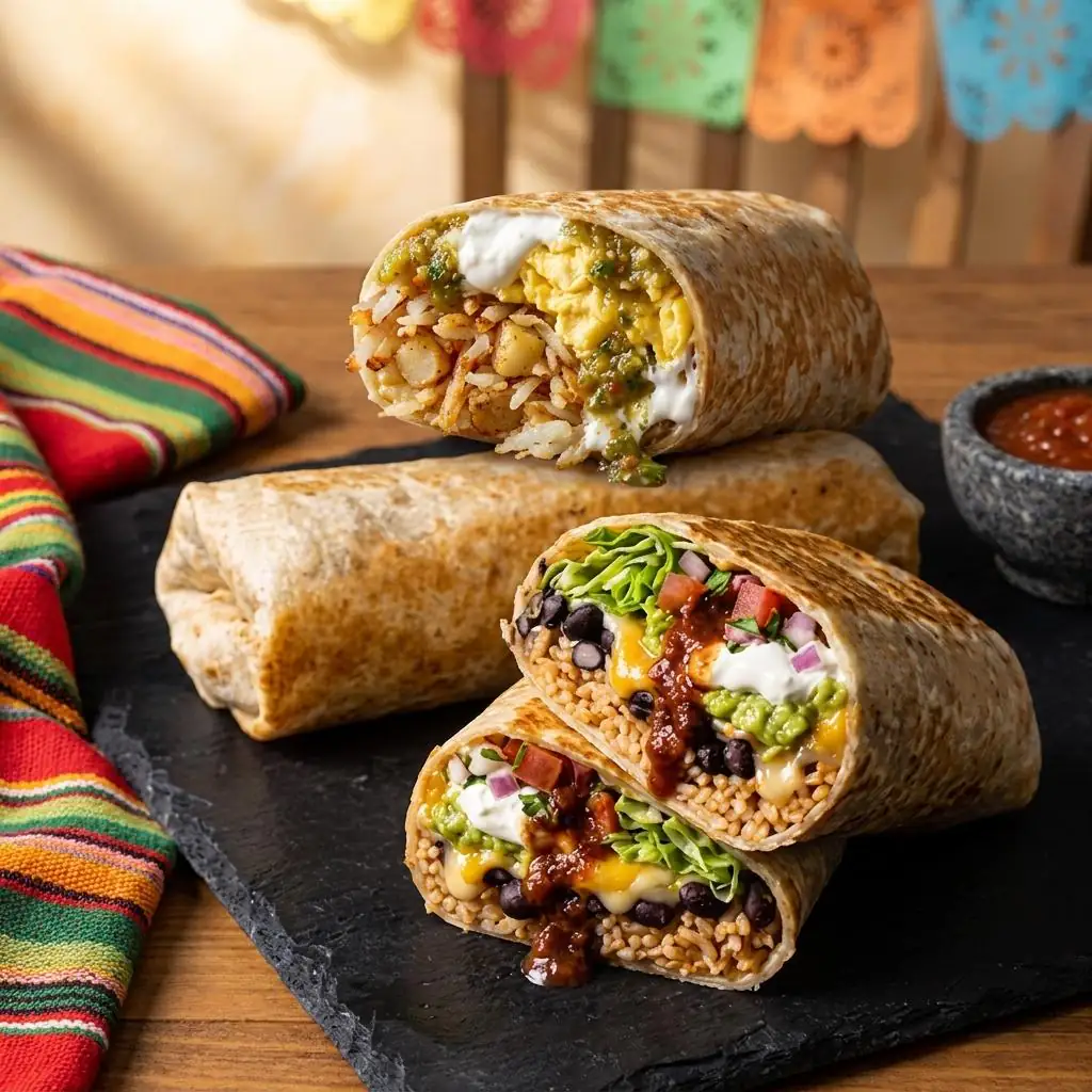 Burritos filled with beans, rice, and meat