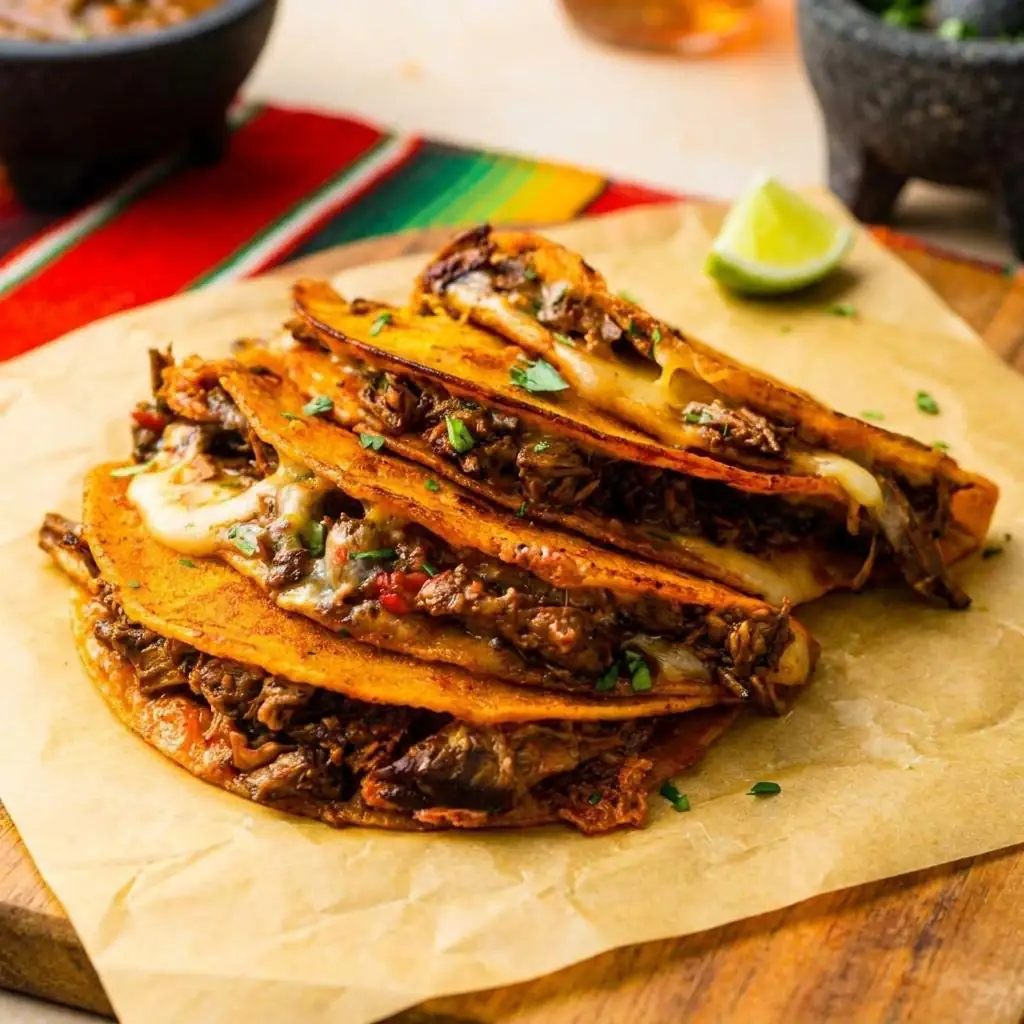 Quesadillas with melted Monterey Jack and mozzarella cheese