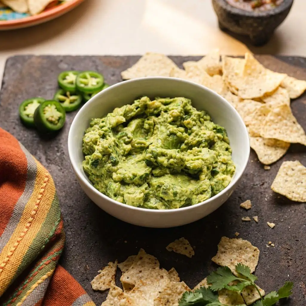 Side dishes of rice, beans, and guacamole